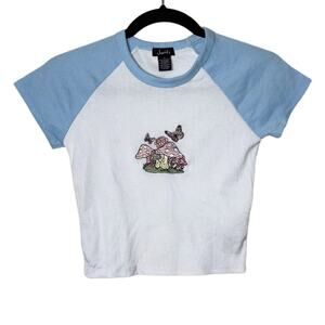 Justify Raglan Baby Tee Crop Size Small blue, white Ribbed mushroom patch front